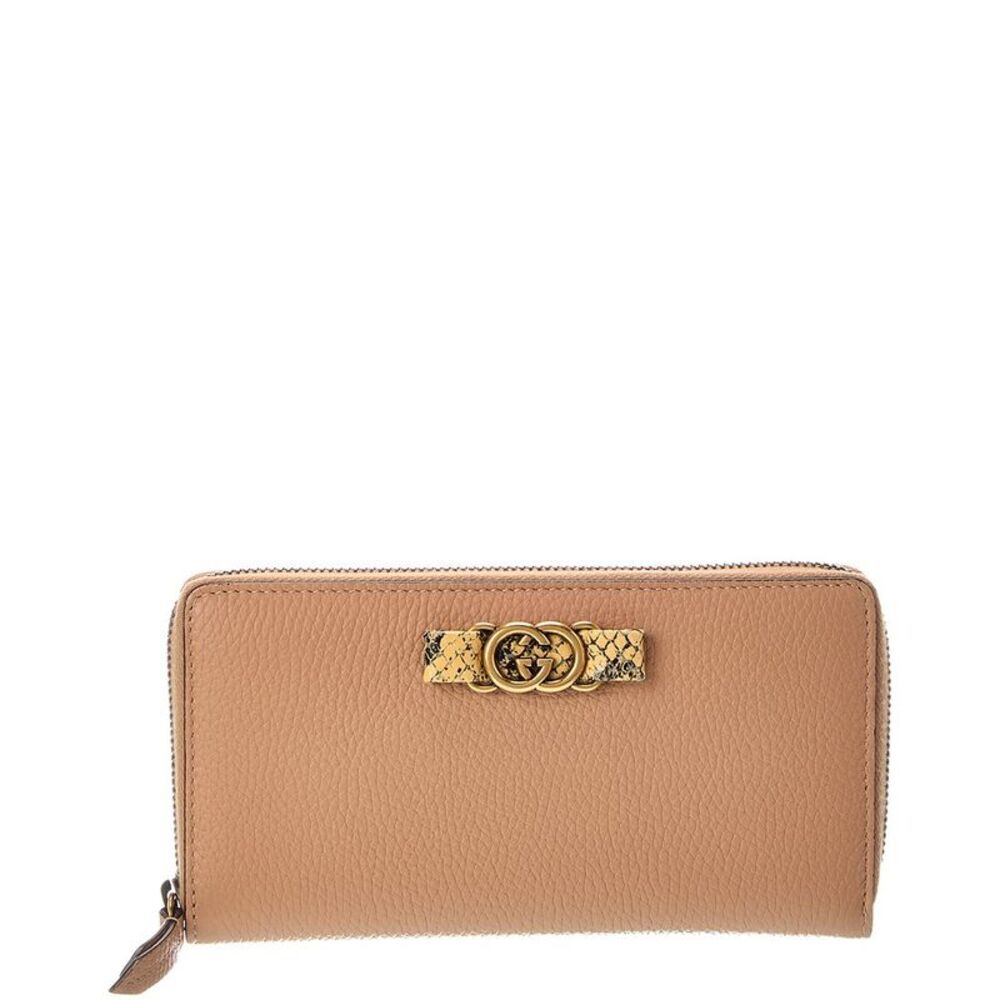Gucci Camelia Calfskin Snakeskin Leather Grain Zip Around Continental